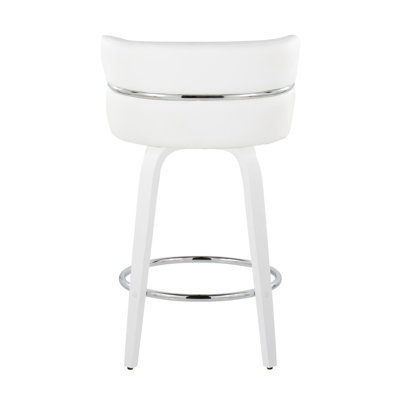 Tabouret de comptoir à hauteur fixe avec pivot en bois blanc et similicuir blanc avec repose-pieds rond chromé - ensemble de 2