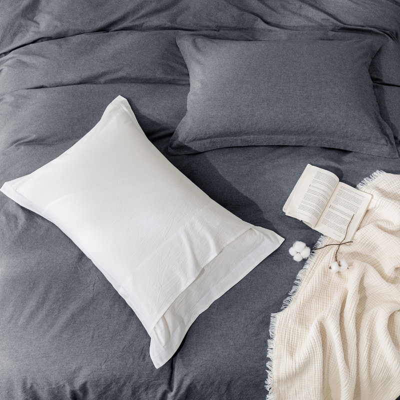 Solayne 100% Washed Cotton Duvet Cover Set with Faux Hemp Texture, Solid Color, Zipper Closure and Corner Ties, Gray 