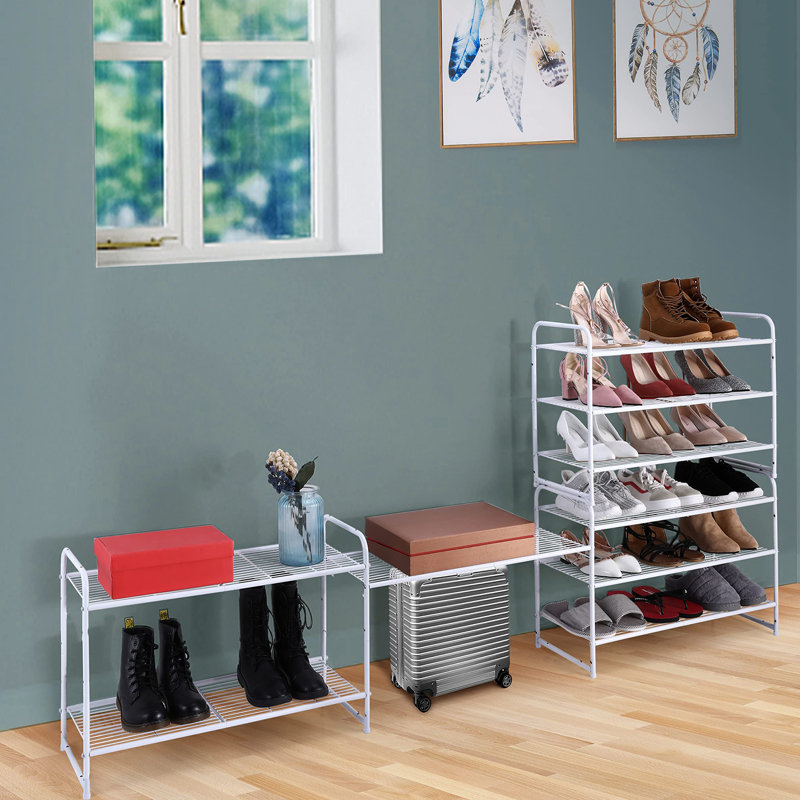3 Tier Stackable Shoe Rack, Metal Wire Grid, Shoe Organizer Storage Shelf, White