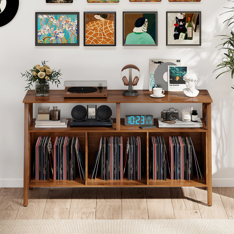 55 Inch Large Record Player Stand, Mid Century Turntable Stand Table Holds Up To 450 Albums