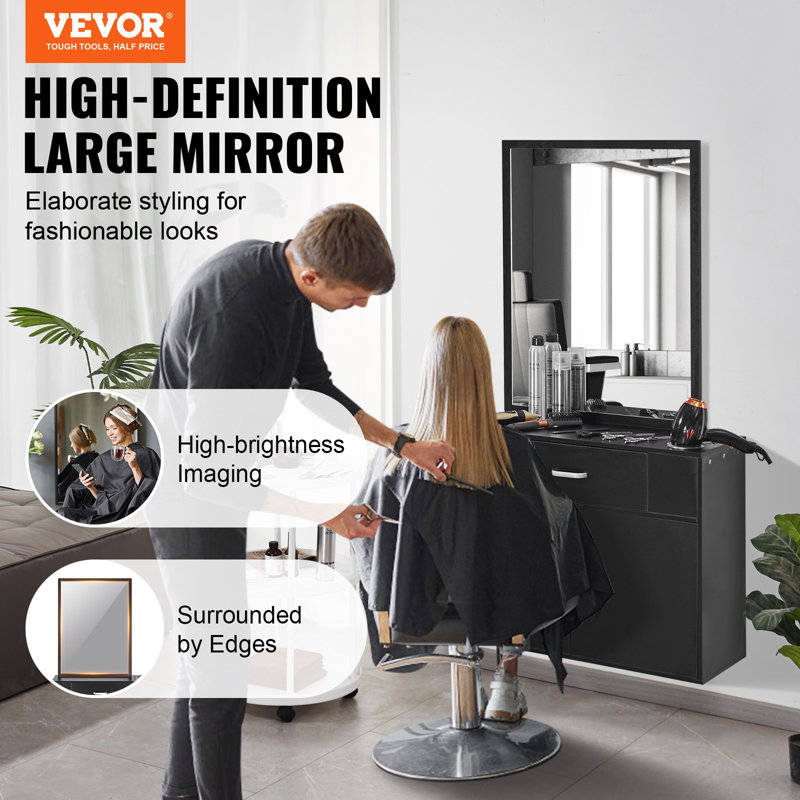 Organisateur de salon, unité de fixation murale pour salon de coiffure, complet avec 3 supports, miroir, rangement à double porte et tiroir simple, noir