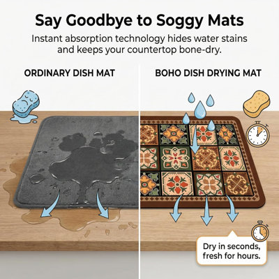 Boho Dish Drying Mat for Kitchen Counter - Super Absorbent Faux Leather Kitchen Mat, Quick Dry & Non-Slip Countertop Protector, Aesthetic Bohemian Decor for Coffee Bar (20"x31.5", Boho)
