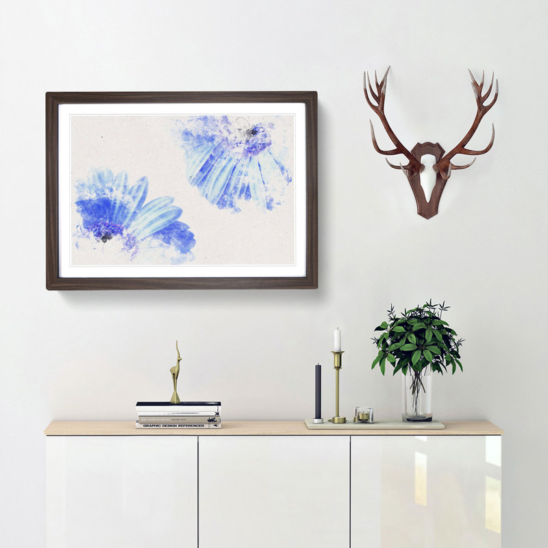 Two Blue Flowers - Single Picture Frame Print on MDF, Walnut, 35cm H x 50cm W x 2cm D