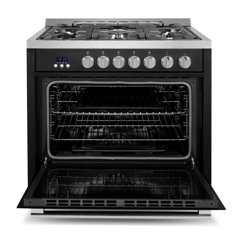 Cosmo 36 In. Nebula Collection 3.8 Cu. Ft. Gas Range, 5 Burners, Rapid Convection Oven, Cast Iron Grates In Matte Black