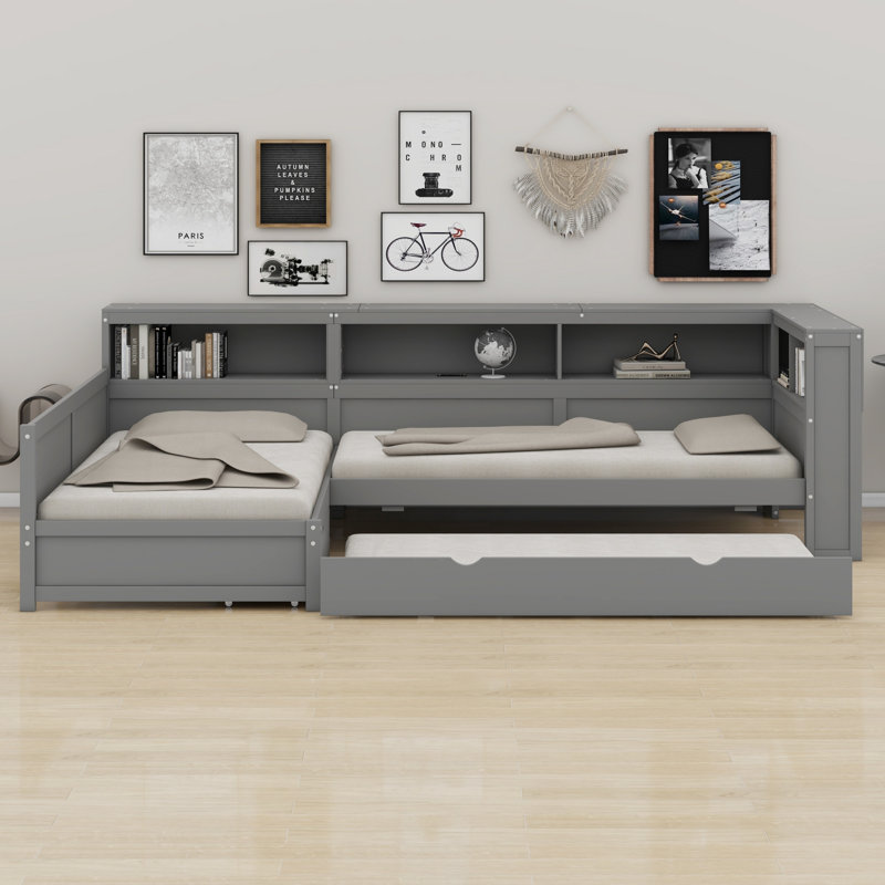 Lit plateforme en L en forme de L avec lit gigogne et tiroir, Gray