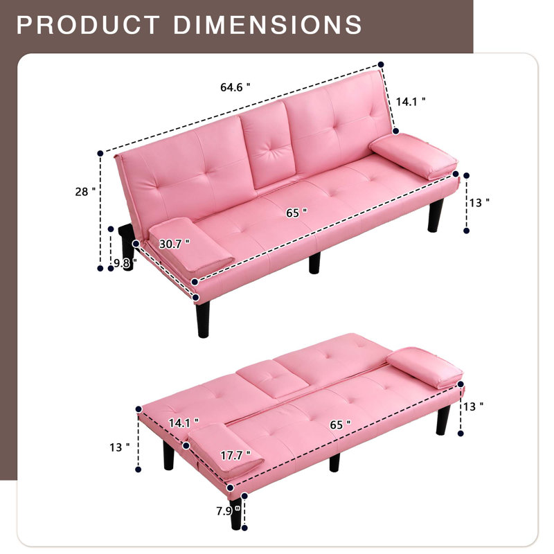Canapé-lit pliable 66,88 "multifonctionnel en PVC avec porte-gobelet - Essentiel pour les petits espaces, Rose