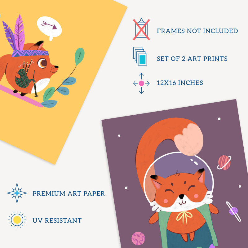 Fun Cute Fox Kids Bedroom Native American Rainbow Superhero Colourful 2 Piece Wall Art, 40.5cm H x 30.5cm W x 0.3cm D