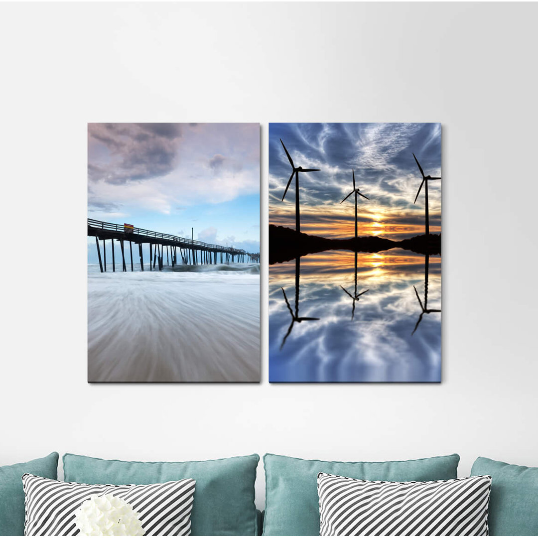 2-tlg. Leinwandbilder-Set - Fotografie „Bridge Windmills Clouds Sea Horizon Sky”