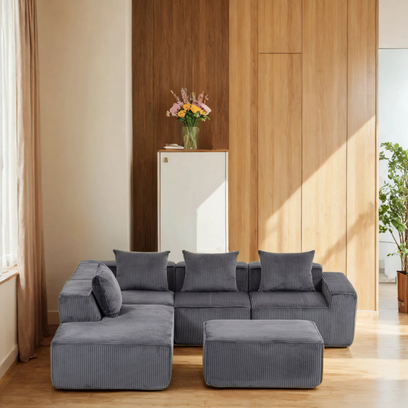 Canapé modulaire en velours avec repose-pieds, Velours côtelé gris