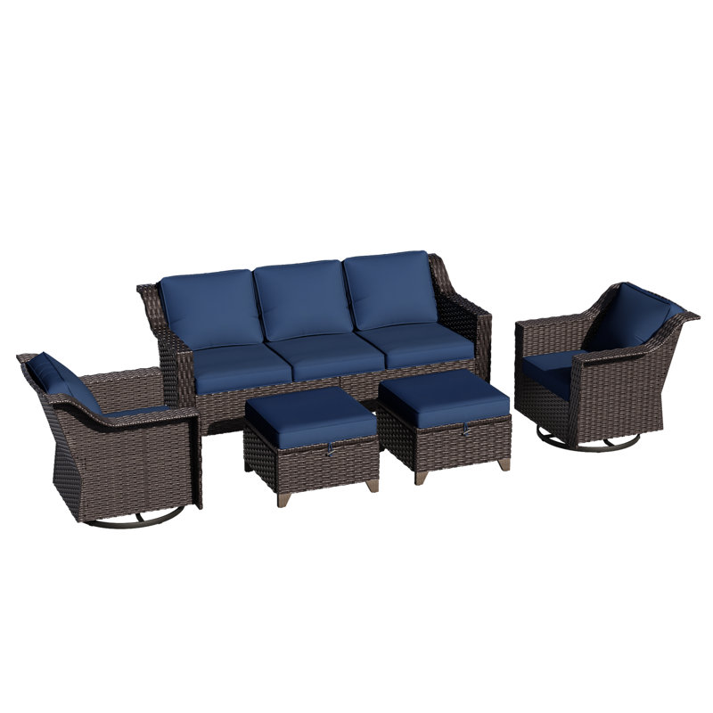 5-Piece Wicker Outdoor Conversation Set – Swivel Chairs & Storage Ottomans for Patio, Blue