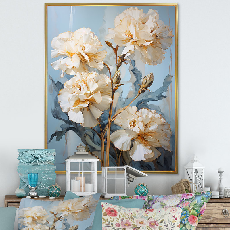 Œillets beiges sur bleu V sur toile, Cadre flottant doré, H 44 po x l 34 po x P 1,5 po