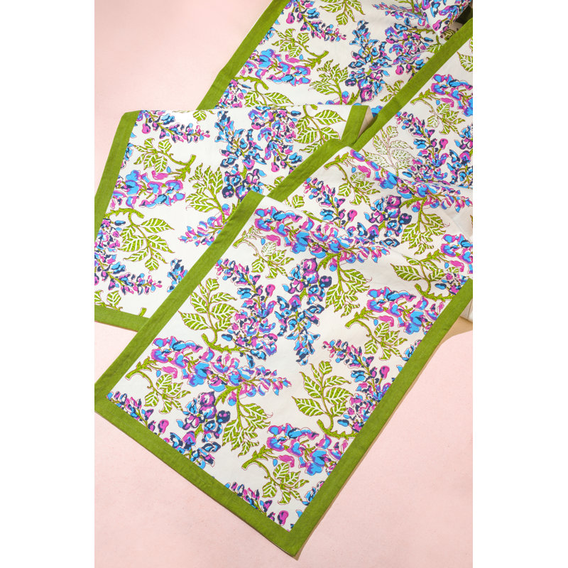 Bluebell Symphony Block Print Cotton Table Runner, Green/Blue