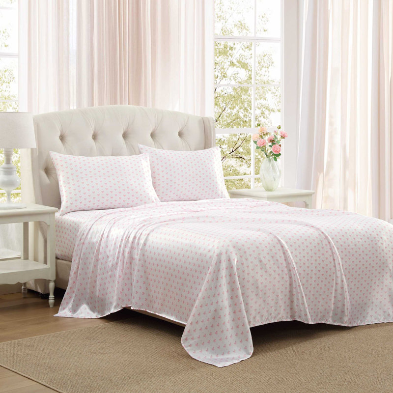 Laura Ashley Printed Satin Bow Ribbon Pink King Sheet Set, Twin Sheet Set with 1 Pillowcase, Heart Of Mine Pink