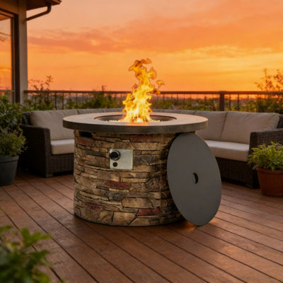36"Propane Gas Fire Pit Table, 50000 BTU Round Concrete Fire Pit for Outside Patio Deck Garden Backyard - Sandston