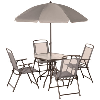 6 Piece Patio Dining Set for 4 with Umbrella, Outdoor Table and Chairs with 4 Folding Dining Chairs