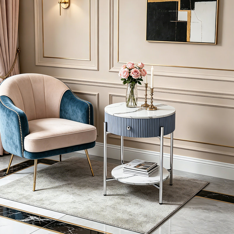 Woodville Side Table with Storage, Chrome, Calacatta White
