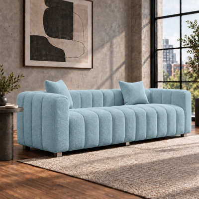 87.4" Mid-Century Sofa Couch, 3 Seater Sofa With Two Pillows, Upholstered Sofa Couch Tufted Teddy Fabric Solid Wood Fram And Legs For Living Room Bedroom Office