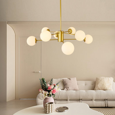 Moderne or 8 avec abat-jour en verre blanc, pour le salon, la salle à manger, les luminaires, les globes d'ombrage givrés, d'inspiration Mid-Century