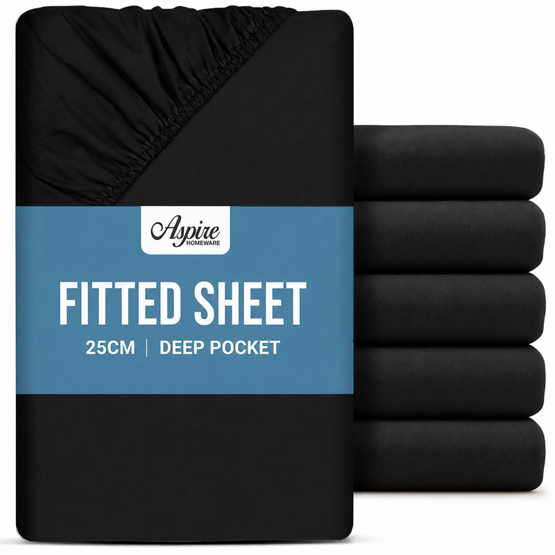 Aspire Homeware Black 25cm Deep Fitted Sheets Pack of 6 with Elasticated Edges, Super King (180cm W x 200cm L)