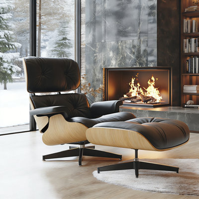 Mid Century Genuine Leather Recliner Lounge Chair with Ottoman and Solid Wood Frame for Living Room, Study Room, Guest Room 