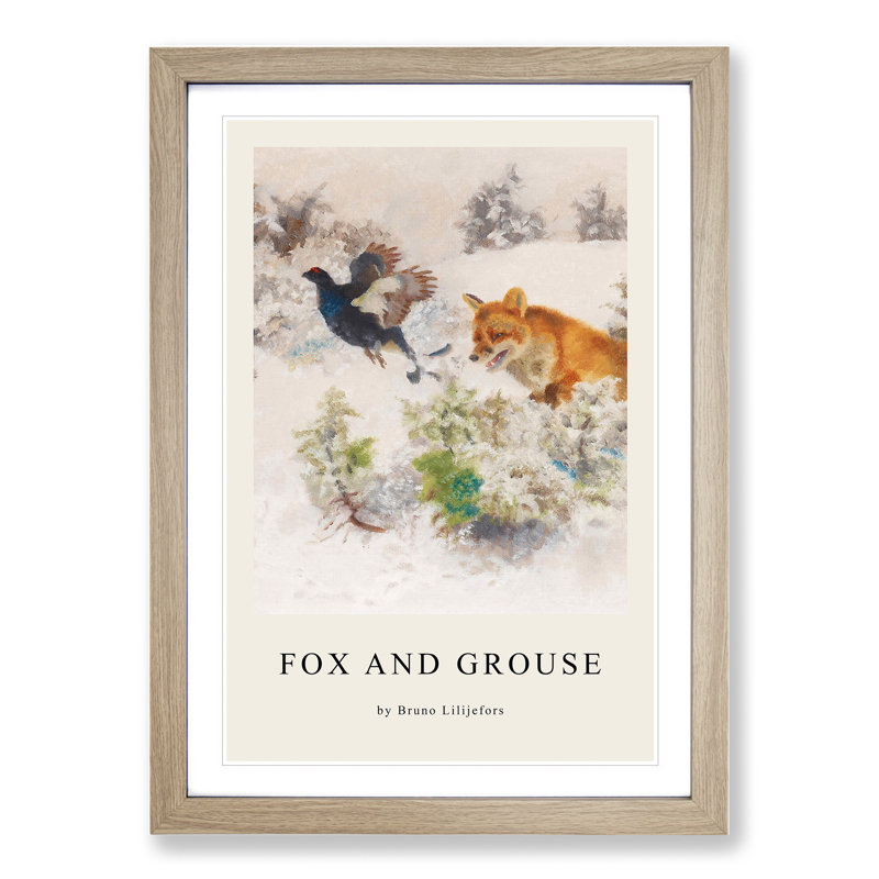 Fox Chasing Bird by Bruno Liljefors - Single Picture Frame Print, Oak Framed, 36cm H x 27cm W x 2cm D