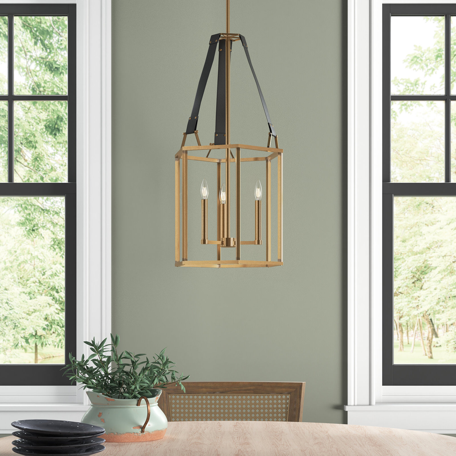 3 - Light Dimmable Lantern Chandelier, Heritage Brass/Black