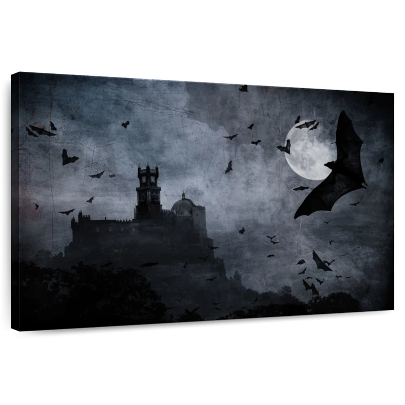 Château entouré de chauves-souris, H 30 po x l 45 po