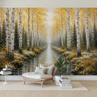 Wall Mural Peel and Stick Wallpaper Serene Autumn Birch Forest Reflective Stream Yellow Foliage Self-Adhesive Removable Contact Paper Wall Decor for Living Room Bedroom 100"H x 144"W