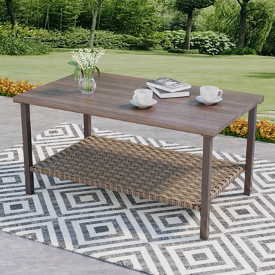 Outdoor Wicker Metal  Rectangular Coffee Table With Wood-grain Top