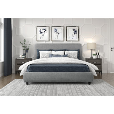 Farmhouse California King Size Platform Bed Gray Fabric Upholstery Soft Sleek Design Wooden Bedroom Furniture 1pc