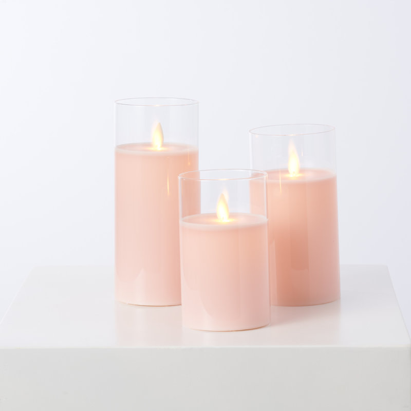 Moving Flameless LED Pink Glass Pillar Candles with Remote - Set of 3, Pink