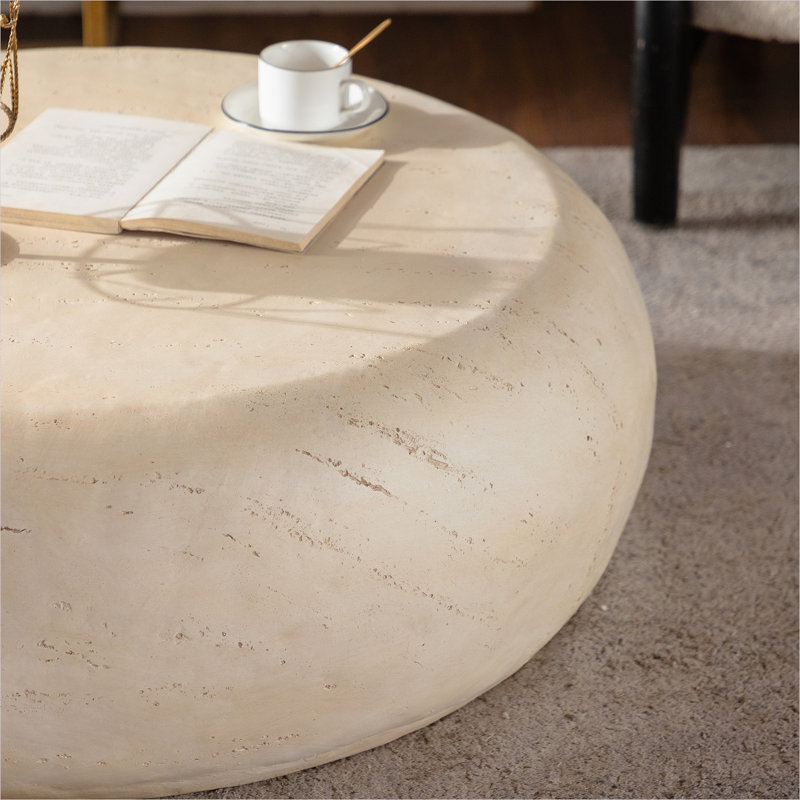 Table basse Mid-Century ronde au fini pierre artificielle, 35 pouces de diamètre, beige neutre, sans assemblage