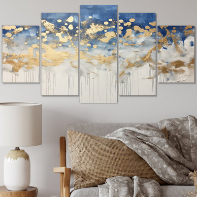 Tapisserie azur abstraite dorée et bleue IV - reproduction d'art abstrait - 5 panneaux