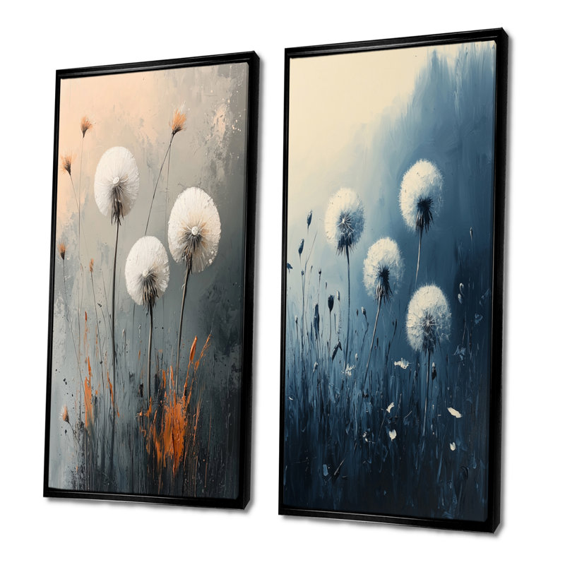 Pissenlit silencieux dans un minimalisme I - Art mural floral, 2 panneaux, H 28 po x l 25 po, Cadre flottant noir