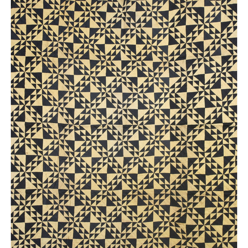 Antique Black Allover Geometric Needlework Quilt 1920s Wool Rug
