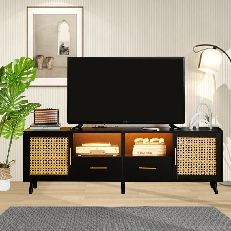 Black Wood and Rattan TV Stand with RGB Lights