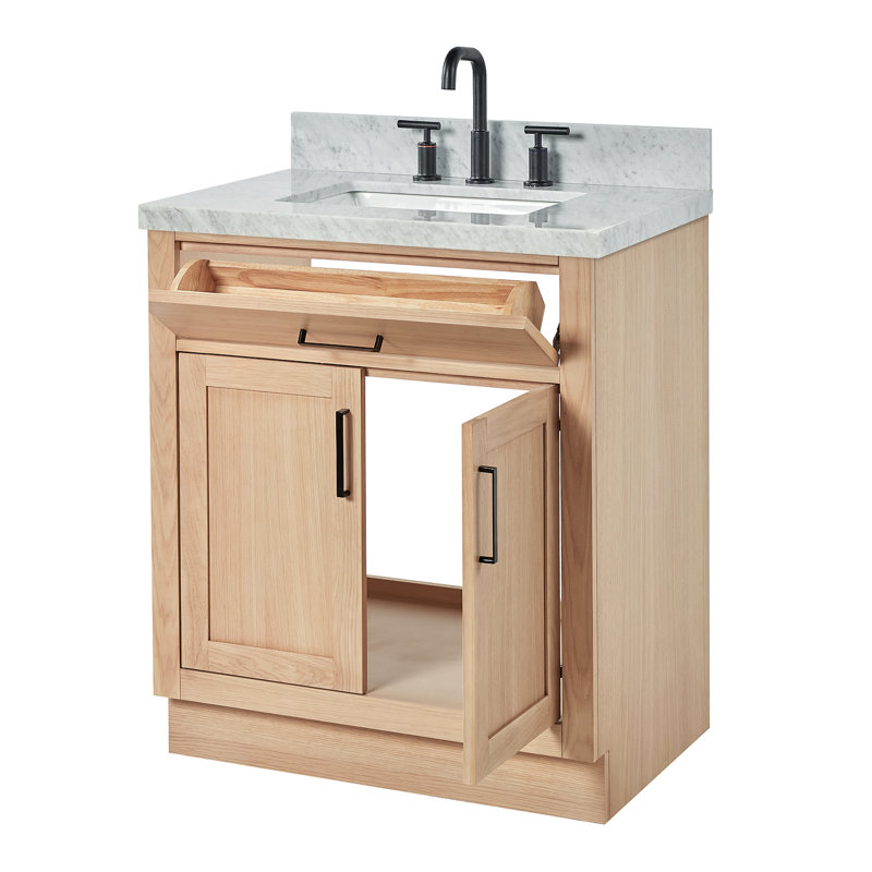Tidworth 30'' Solid Wood Single Bathroom Vanity with 1.5'' Carrara Marble Top, Rectangular, Natural Oak / Matte Black