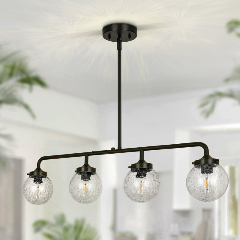 Luminaire suspendu 4 lumières noir moderne avec îlot de cuisine linéaire avec abat-jour en verre craquelé pour la cuisine, la salle à manger et le bar