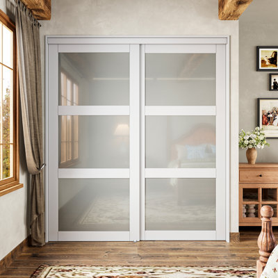 80 in. 3 Lite Forsted Glasses Primed  White Pantry & Closet Sliding Doors With Hardware Kit (No assembly required)