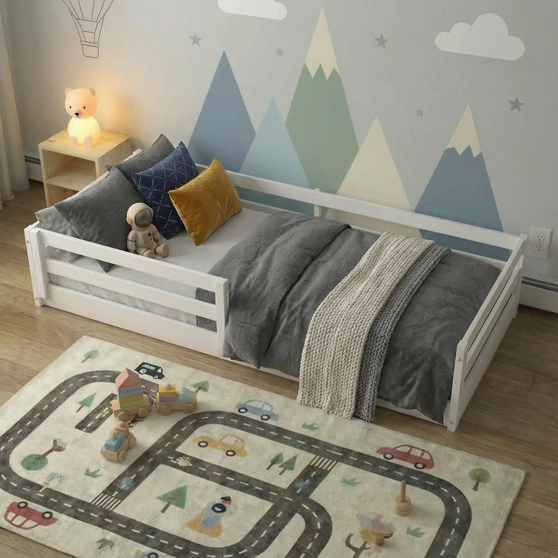  Twin Size Floor Bed Frame, Solid Wood Montessori Bed for Toddlers & Kids, Low Platform Bed with Slats, Adult Weight Capacity, White or Unfinished (White)