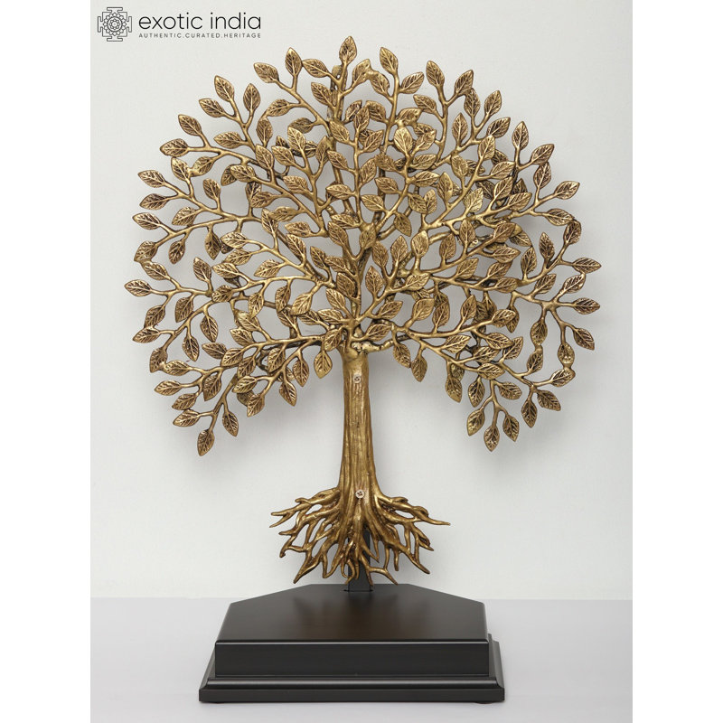 Brass Bodhi Tree Sculpture - 22" Large Handmade Buddhist Meditation Decor with Wood Base, Spiritual Home Art & Enlightenment Centerpiece