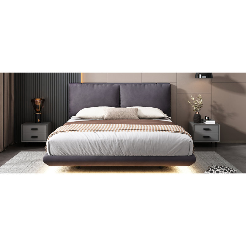 Lit plateforme tapissier avec 2 dossiers, gris, grand, Gris, Grand lit