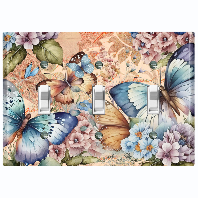 Plaque murale interrupteur à bascule papillon 3 fleurs Butterfly Rose