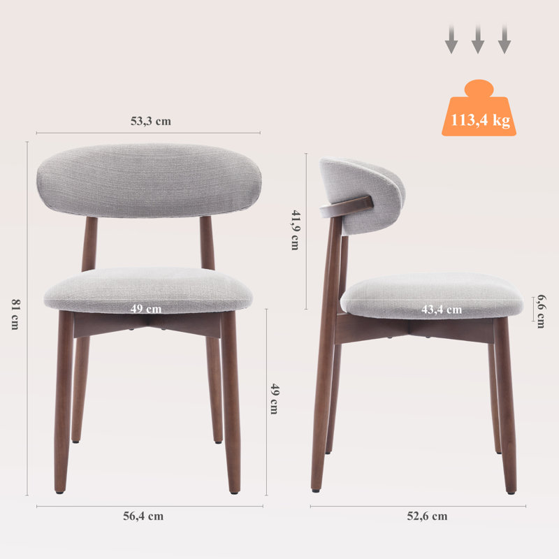  Solid Wood Upholstered Dining Chair - Ergonomic Curved Back, Comfort Fabric, Light Grey, Walnut