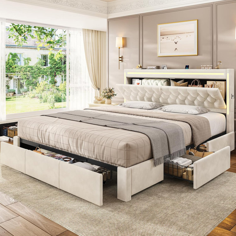 Beige Bed Frame With 5 Xl Storage Drawers, King, Beige Velvet