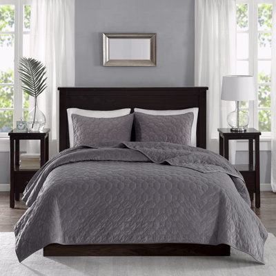 3 Piece Velvet Quilt Set Grey Full/Queen