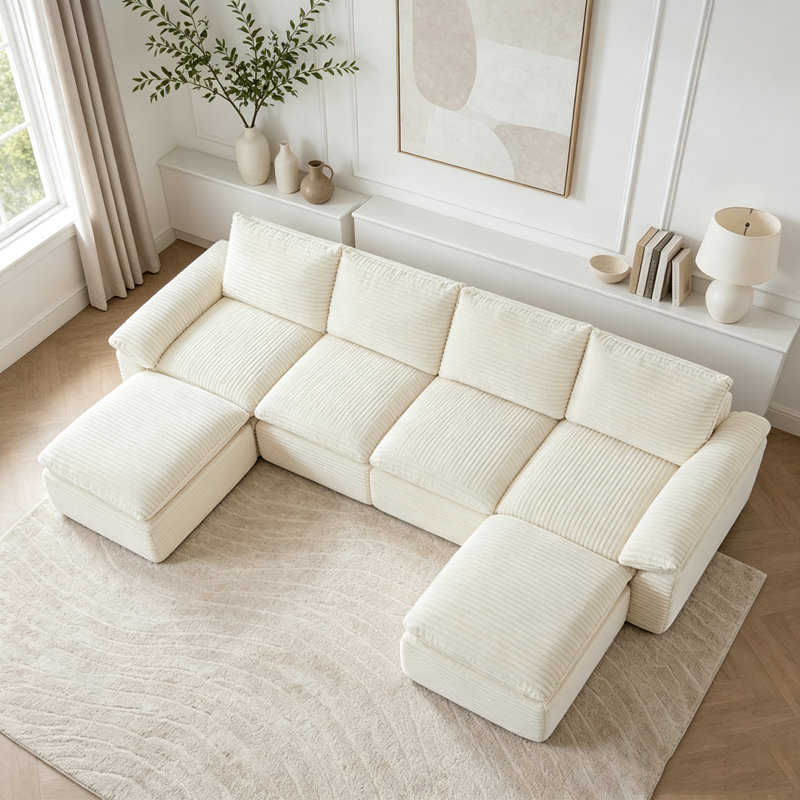 Canapé moderne en velours côtelé, Blanc-4Seat-2Ottman