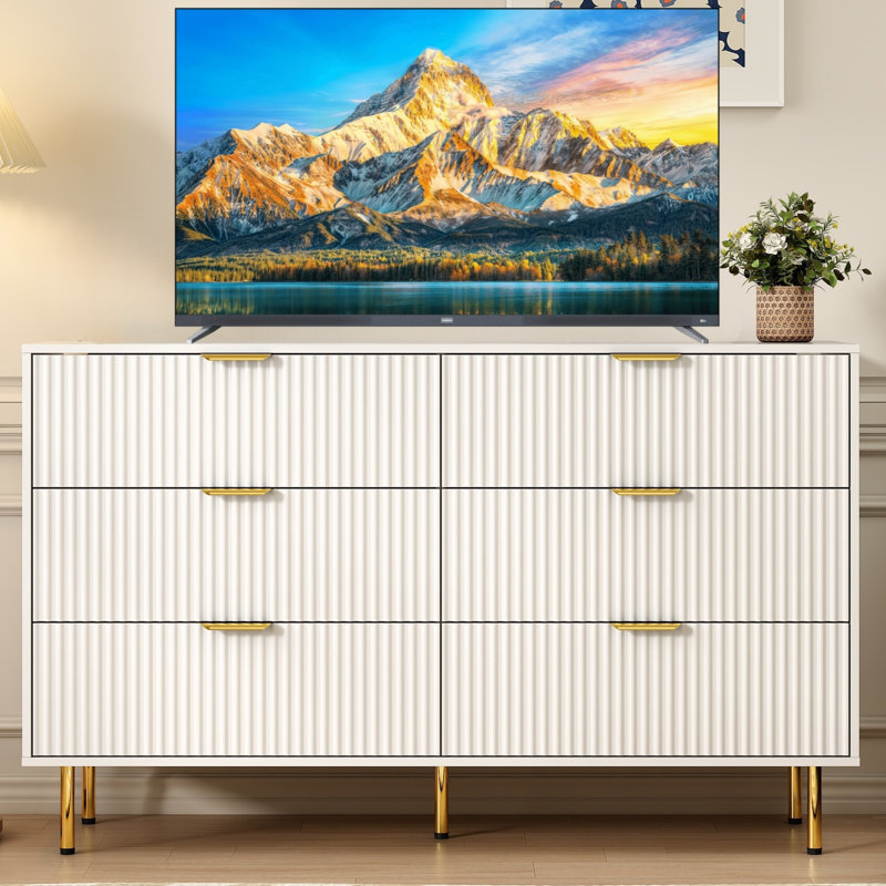 White 56" Wide 6 Drawers Dresser For Bedroom, Modern Wood Chest Of Drawers, White