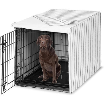 Housse de cage pour chien de taille moyenne / grande - rayures blanches et grises, cage pour animal de compagnie neutre moderne et housse de chenil, design minimaliste élégant