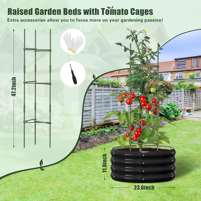 3 lits de jardin surélevés galvanisés ronds avec cages à tomates 24 x 24 x 12 po, boîte à fleurs en métal pour plantes